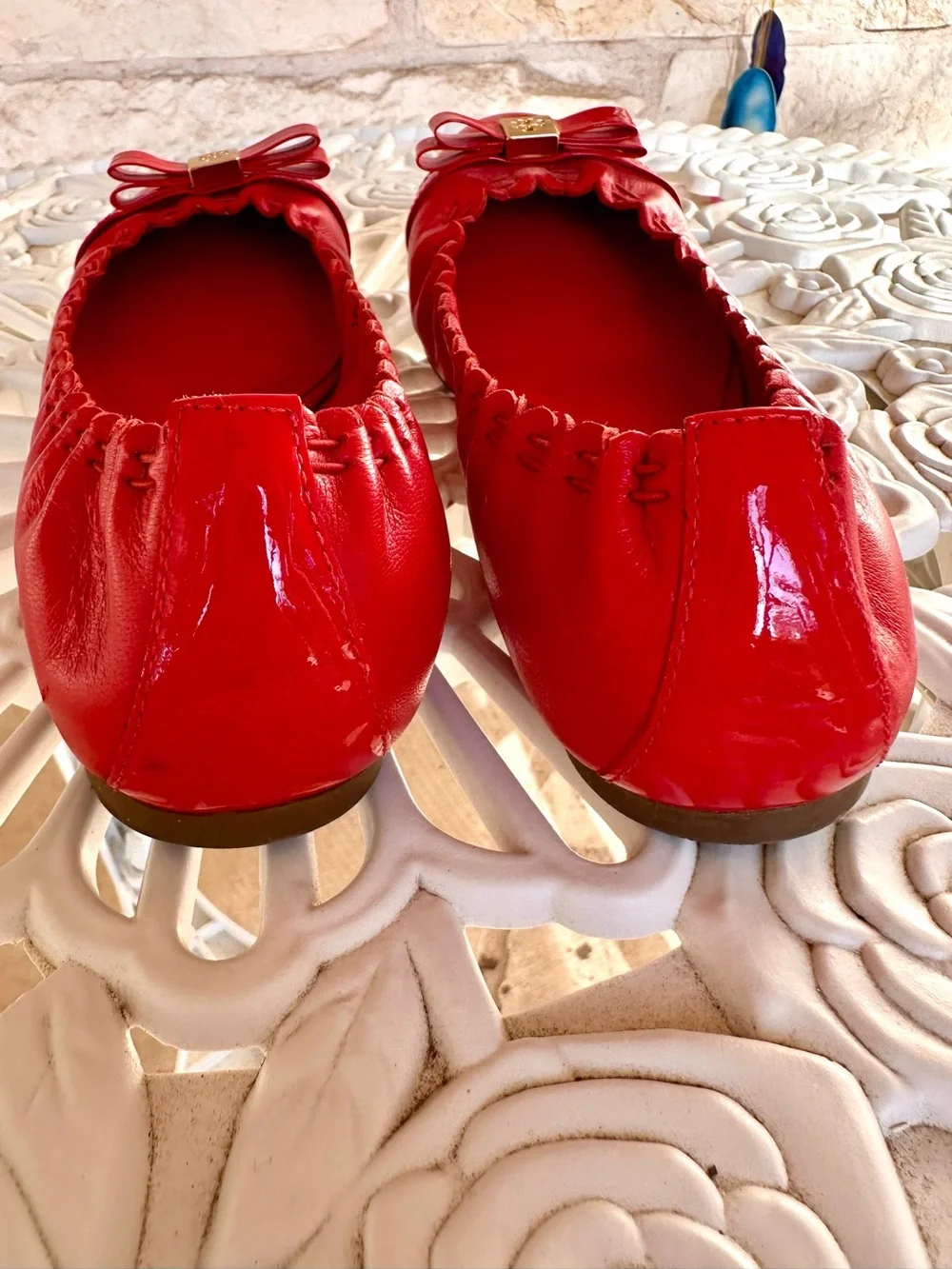 Tory Burch Red Patent Ballet Flats with Gold Logo Accent and Ruffle Trim